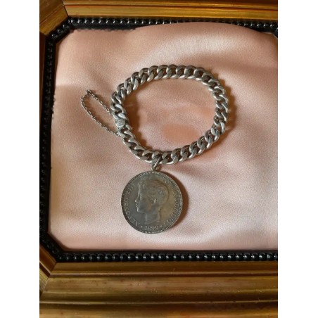 Pulsera de Plata Tipo Barbada con Moneda Alfonsina de 5 Pesetas 1899 - Joya Vintage
