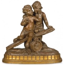 Escultura en Terracota Patinada - Niños con Barril Estilo Pietro Balestra Siglo XX