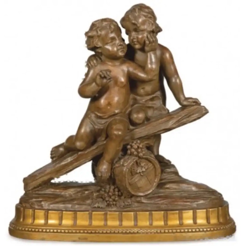 Escultura en Terracota Patinada - Niños con Barril Estilo Pietro Balestra Siglo XX