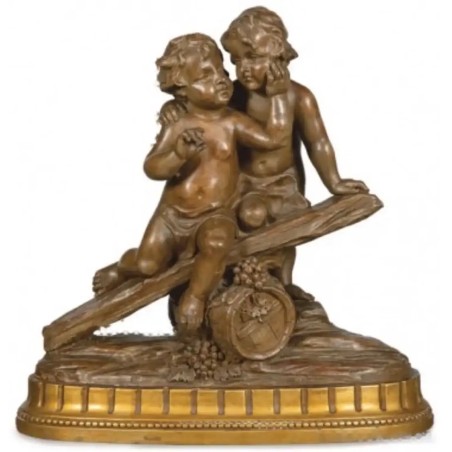 Escultura en Terracota Patinada - Niños con Barril Estilo Pietro Balestra Siglo XX