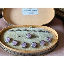 Conjunto Art Deco de Botones Sterling Silver con Nácar Rosa - Estuche Original Vintage