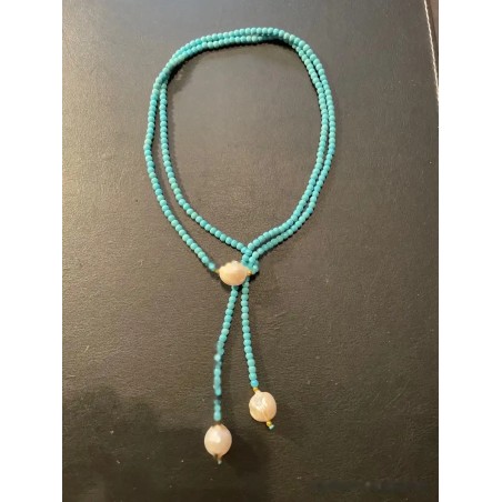 Collar Lariat de Turquesas y Perlas - Gargantilla Estilo Corbata Azul Aguamarina