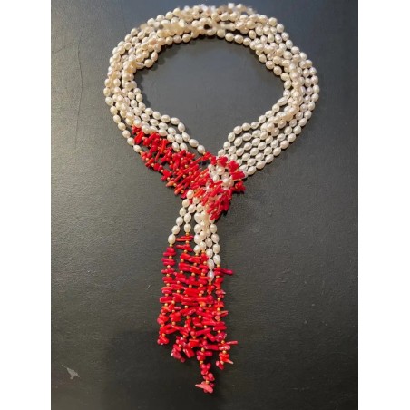 Collar Sautoir de Perlas y Coral Rojo - Diseño Cascada con Ramas de Coral Mediterráneo