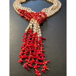 Collar Sautoir de Perlas y Coral Rojo - Diseño Cascada con Ramas de Coral Mediterráneo