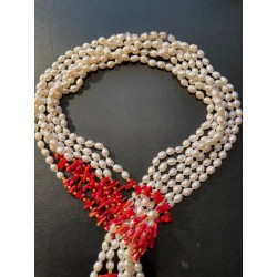 Collar Sautoir de Perlas y Coral Rojo - Diseño Cascada con Ramas de Coral Mediterráneo