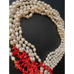 Collar Sautoir de Perlas y Coral Rojo - Diseño Cascada con Ramas de Coral Mediterráneo
