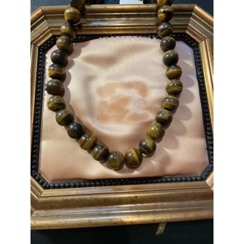 Collar de Esferas de Ojo de Tigre Natural - Gargantilla de 927 Quilates en Marco Dorado