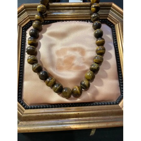 Collar de Esferas de Ojo de Tigre Natural - Gargantilla de 927 Quilates en Marco Dorado