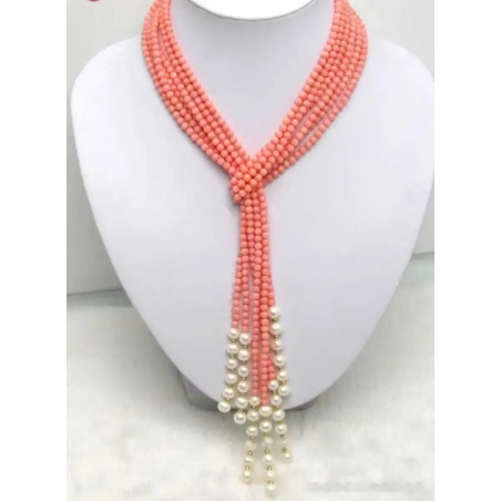 Collar Lariat Coral Salmón y Perlas - Diseño Cascada Multistrands Elegante