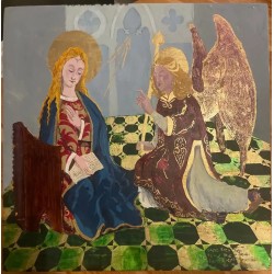 Anunciación Medieval con Pan de Oro - Óleo sobre Tabla Firmado por David Roca