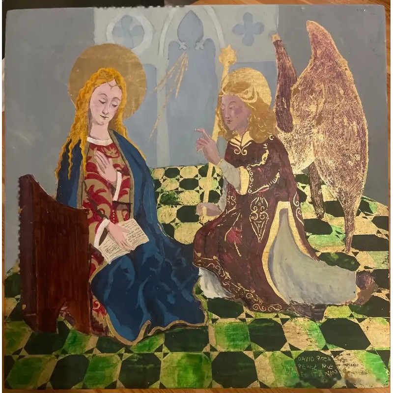 Anunciación Medieval con Pan de Oro - Óleo sobre Tabla Firmado por David Roca