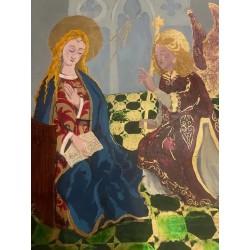 Anunciación Medieval con Pan de Oro - Óleo sobre Tabla Firmado por David Roca