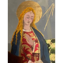 Anunciación Medieval con Pan de Oro - Óleo sobre Tabla Firmado por David Roca
