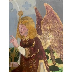 Anunciación Medieval con Pan de Oro - Óleo sobre Tabla Firmado por David Roca