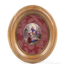 Placa Ovalada de Porcelana Esmaltada - Virgen del Pilar Circa 1900 Enmarcada