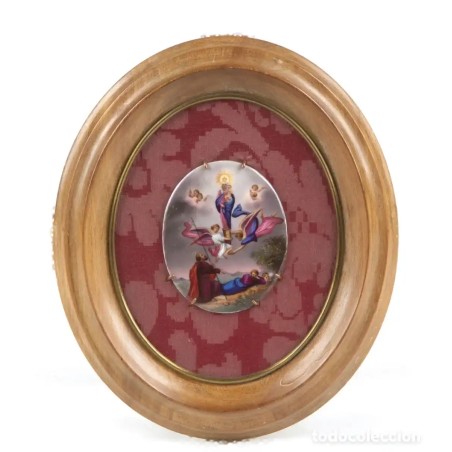 Placa Ovalada de Porcelana Esmaltada - Virgen del Pilar Circa 1900 Enmarcada