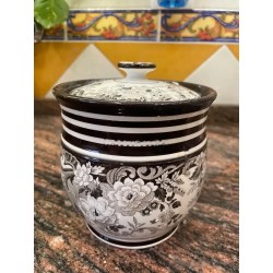 Bote Antiguo La Cartuja Pickman - Tarro Porcelana Decoración Floral Blanco y Negro