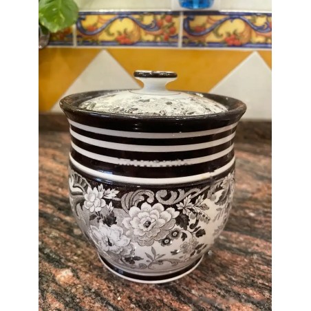 Bote Antiguo La Cartuja Pickman - Tarro Porcelana Decoración Floral Blanco y Negro