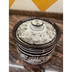 Bote Antiguo La Cartuja Pickman - Tarro Porcelana Decoración Floral Blanco y Negro