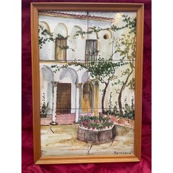 Panel de 6 Azulejos Pintados a Mano Patio Andaluz - Cerámica Artística Enmarcada