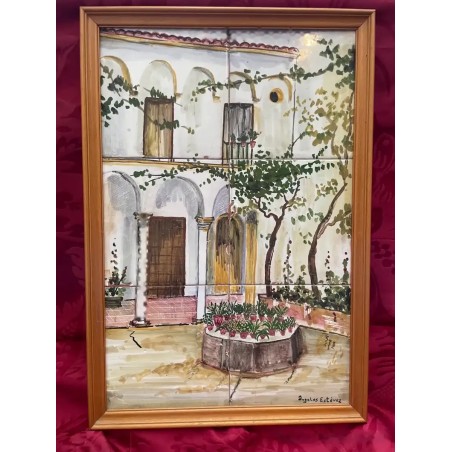 Panel de 6 Azulejos Pintados a Mano Patio Andaluz - Cerámica Artística Enmarcada