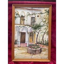 Panel de 6 Azulejos Pintados a Mano Patio Andaluz - Cerámica Artística Enmarcada