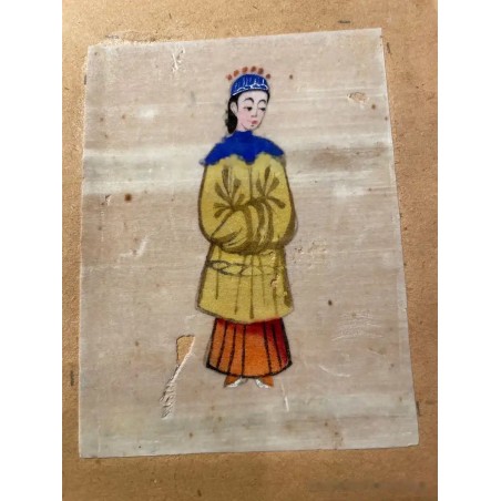 Pintura China Antigua sobre Papel de Arroz - Figura Oriental con Túnica Amarilla