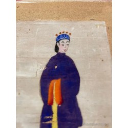 Pintura China Antigua sobre Papel de Arroz - Figura Oriental con Túnica Amarilla