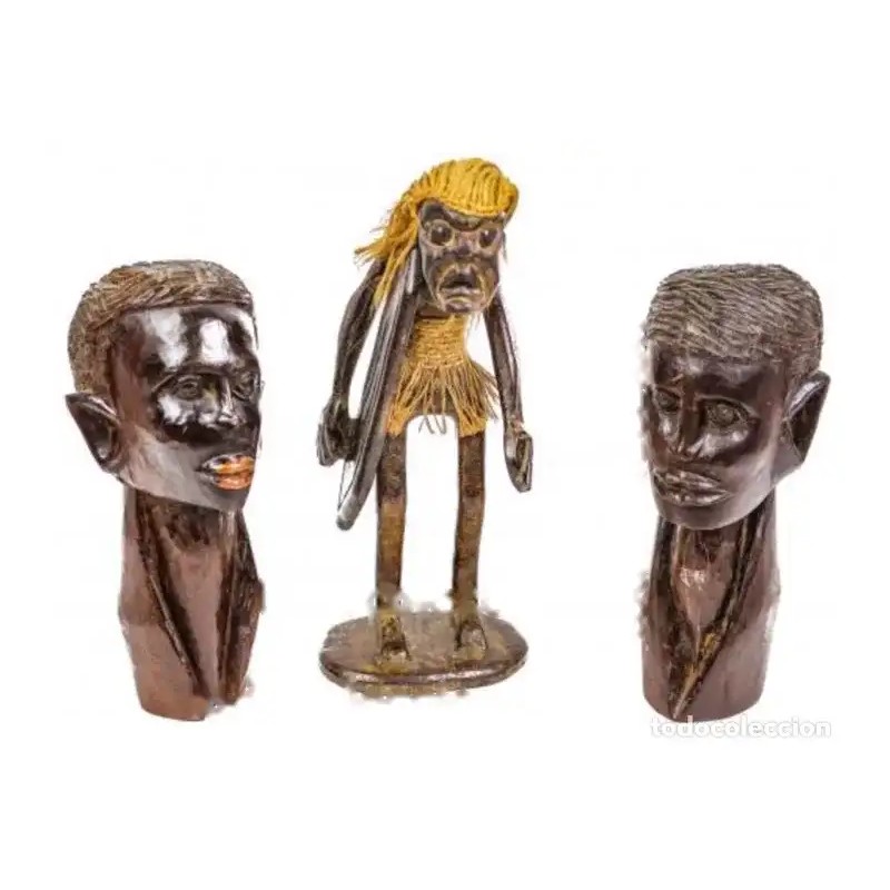Dos Bustos y Guerrero Africano Madera de Ébano - Arte Tribal Massai Kenia 32 cm