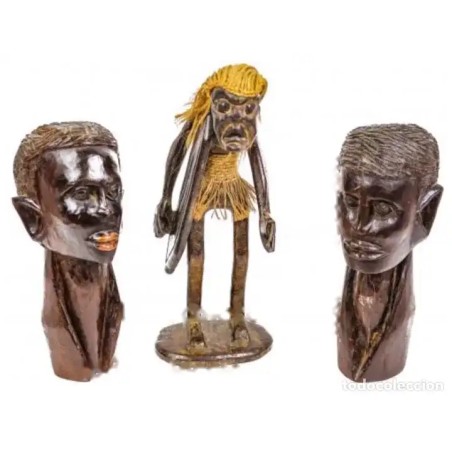 Dos Bustos y Guerrero Africano Madera de Ébano - Arte Tribal Massai Kenia 32 cm