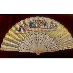Abanico Antiguo de Lujo - Escena Galante en Hueso y Acuarela Época