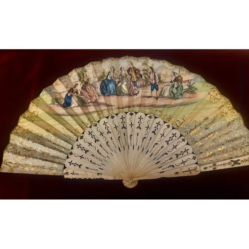 Abanico Antiguo de Lujo - Escena Galante en Hueso y Acuarela Época Abanico Antiguo de Lujo - Escena Galante en Hueso y Acuarela Época