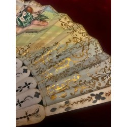 Abanico Antiguo de Lujo - Escena Galante en Hueso y Acuarela Época