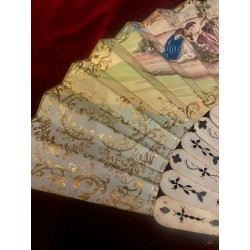 Abanico Antiguo de Lujo - Escena Galante en Hueso y Acuarela Época