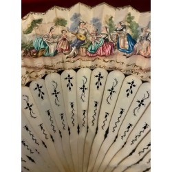 Abanico Antiguo de Lujo - Escena Galante en Hueso y Acuarela Época