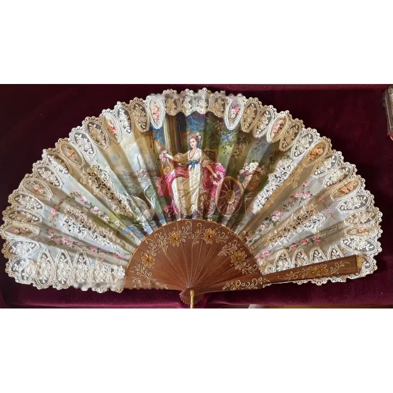 Abanico de Lujo Estilo Francés - Obra Maestra de Arte Textil del Siglo XIX Abanico de Lujo Estilo Francés - Obra Maestra de Arte Textil del Siglo XIX