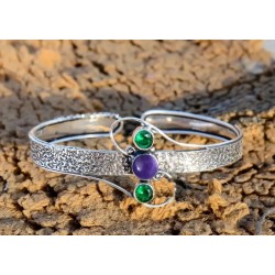 Brazalete Artesanal de Plata 925 con Amatista y Diopsido - Diseño Texturizado