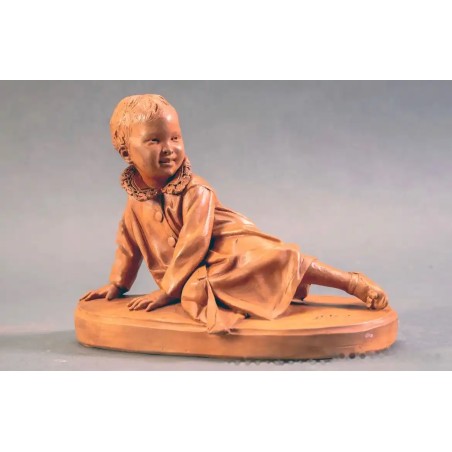 Escultura Terracota Niño Tumbado por Venancio Vallmitjana - Arte Catalán Siglo XIX