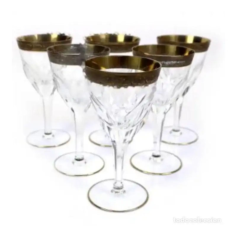 Juego de Seis Copas de Cristal Tallado con Borde Dorado - Elegancia Vintage