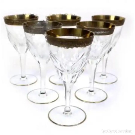 Juego de Seis Copas de Cristal Tallado con Borde Dorado - Elegancia Vintage