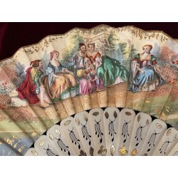 Abanico Siglo XIX con Varillaje de Hueso Calado - Escena Galante Pintada a Mano