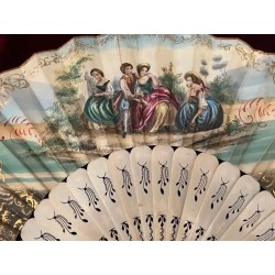 Abanico Siglo XIX con Varillaje de Hueso Calado - Escena Galante Pintada a Mano