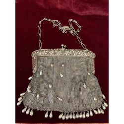 Bolso Vintage de Malla de Plata con Perlas Colgantes - Monedero Art Nouveau