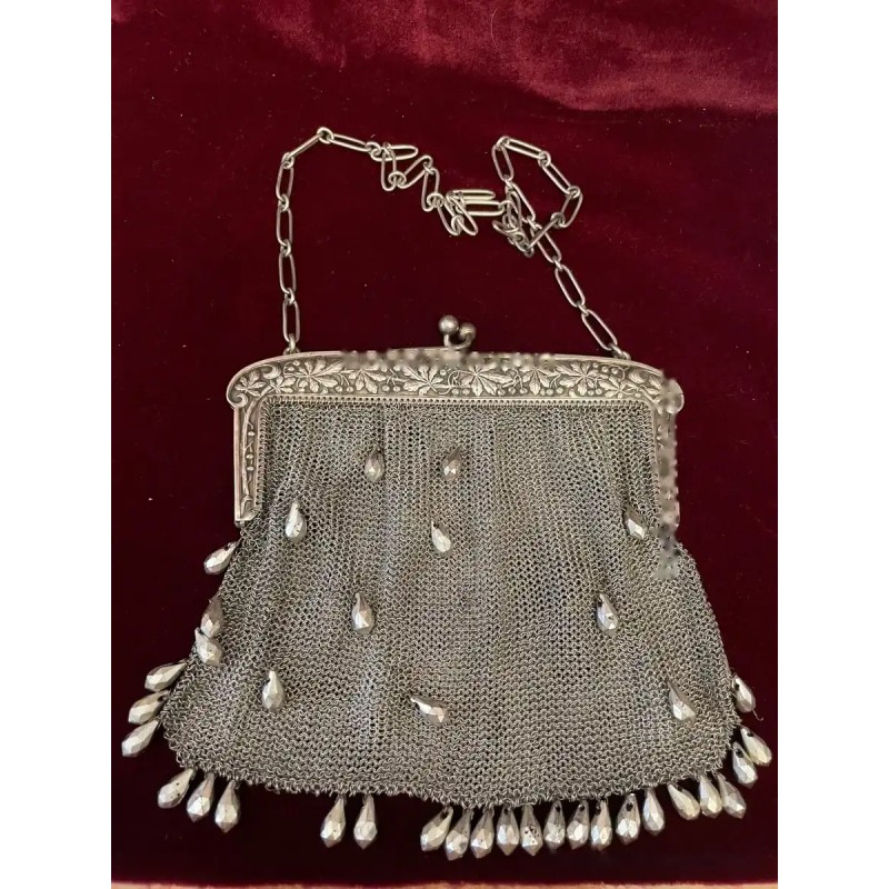 Bolso Vintage de Malla de Plata con Perlas Colgantes - Monedero Art Nouveau