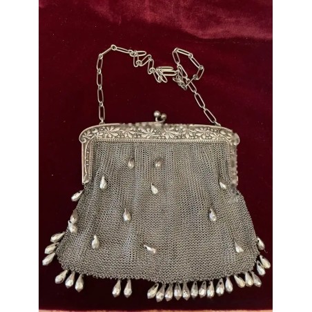 Bolso Vintage de Malla de Plata con Perlas Colgantes - Monedero Art Nouveau