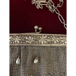 Bolso Vintage de Malla de Plata con Perlas Colgantes - Monedero Art Nouveau