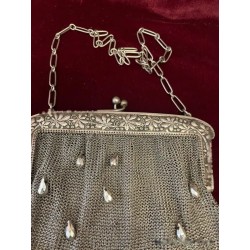 Bolso Vintage de Malla de Plata con Perlas Colgantes - Monedero Art Nouveau