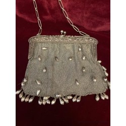 Bolso Vintage de Malla de Plata con Perlas Colgantes - Monedero Art Nouveau