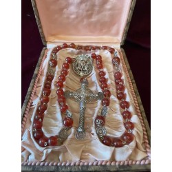 Rosario Antiguo de Cuentas de Ámbar y Plata Filigrana - Estuche Original Siglo XIX