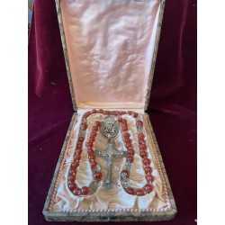 Rosario Antiguo de Cuentas de Ámbar y Plata Filigrana - Estuche Original Siglo XIX